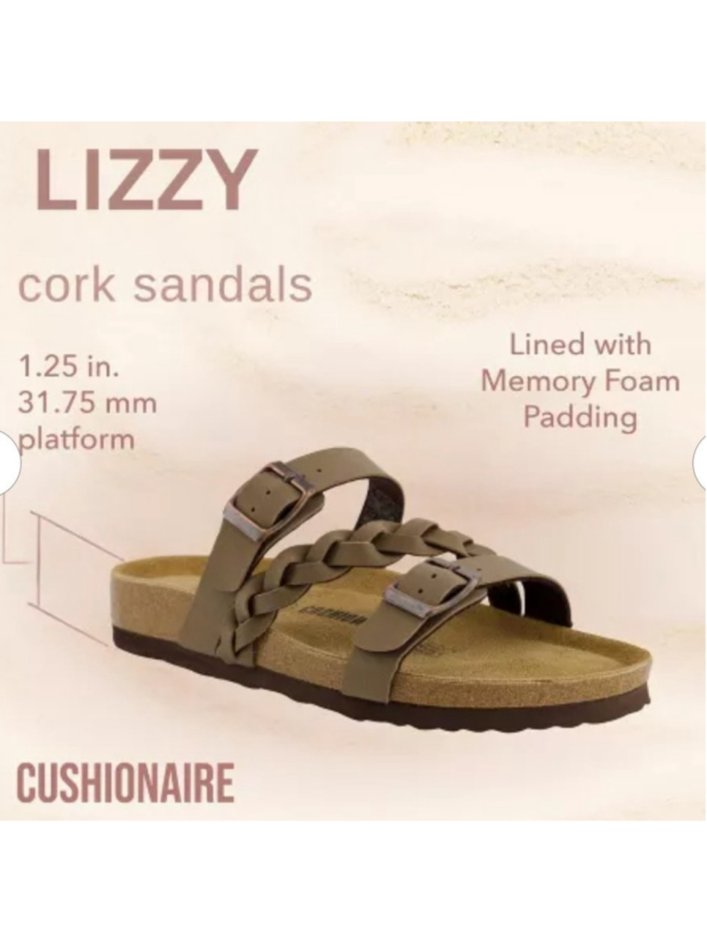NEW Cushionaire Lizzy Braided Double Buckle Cork Sandals Brown Size 8.5M Comfort - Picture 4 of 13